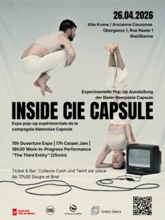 Inside Cie Capsule - 26 april - save the date!!📣

Expo, carpet jam, show and bar/food

15:00-20:00 à la Alte Krone en vielle ville de Biel
